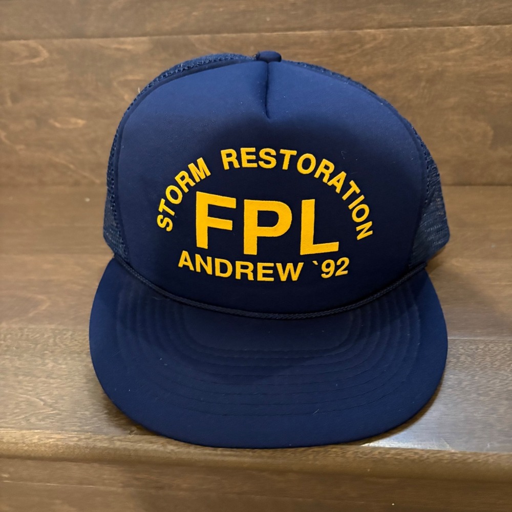 Vintage FPL Storm Restoration Hurricane Andrew 92 Trucker Hat Mens Blue Mesh